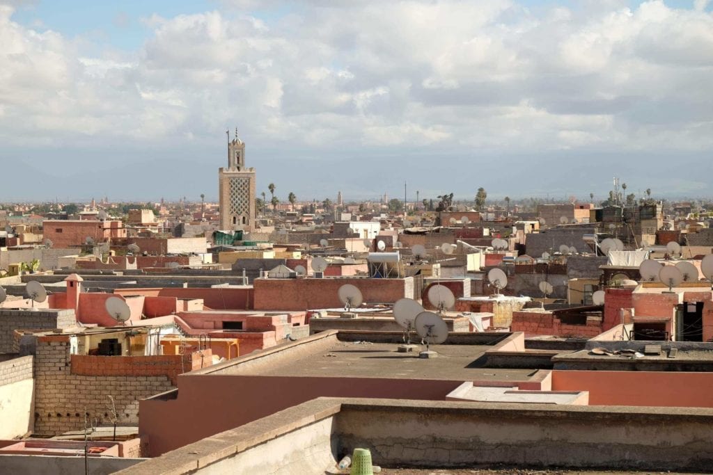 Marrakech skyline. The city is termed the Red City for its red sandstone buildings.