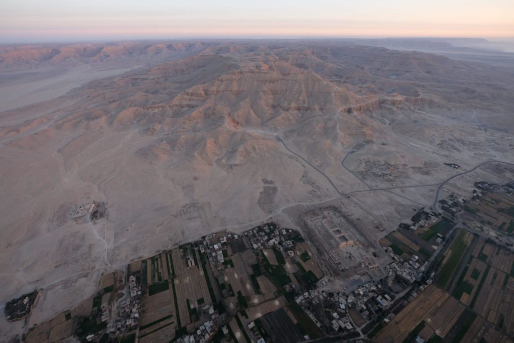 Aerial view of sunrise over Luxor's West Bank. Photo: Genevieve Hathaway Photography.