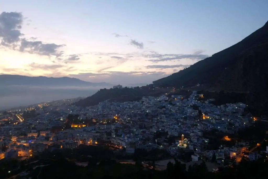 Chefchaouen at dusk. View from Spanish Mosque.