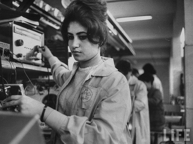 Egyptian Woman working in the TeleMisr factory. Women comprised half of the factory workers in the 1960s. Photo: Time magazine.