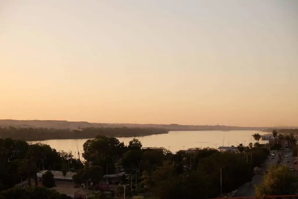 Sunset over the Nile and Aswan. Photo: Genevieve Hathaway.