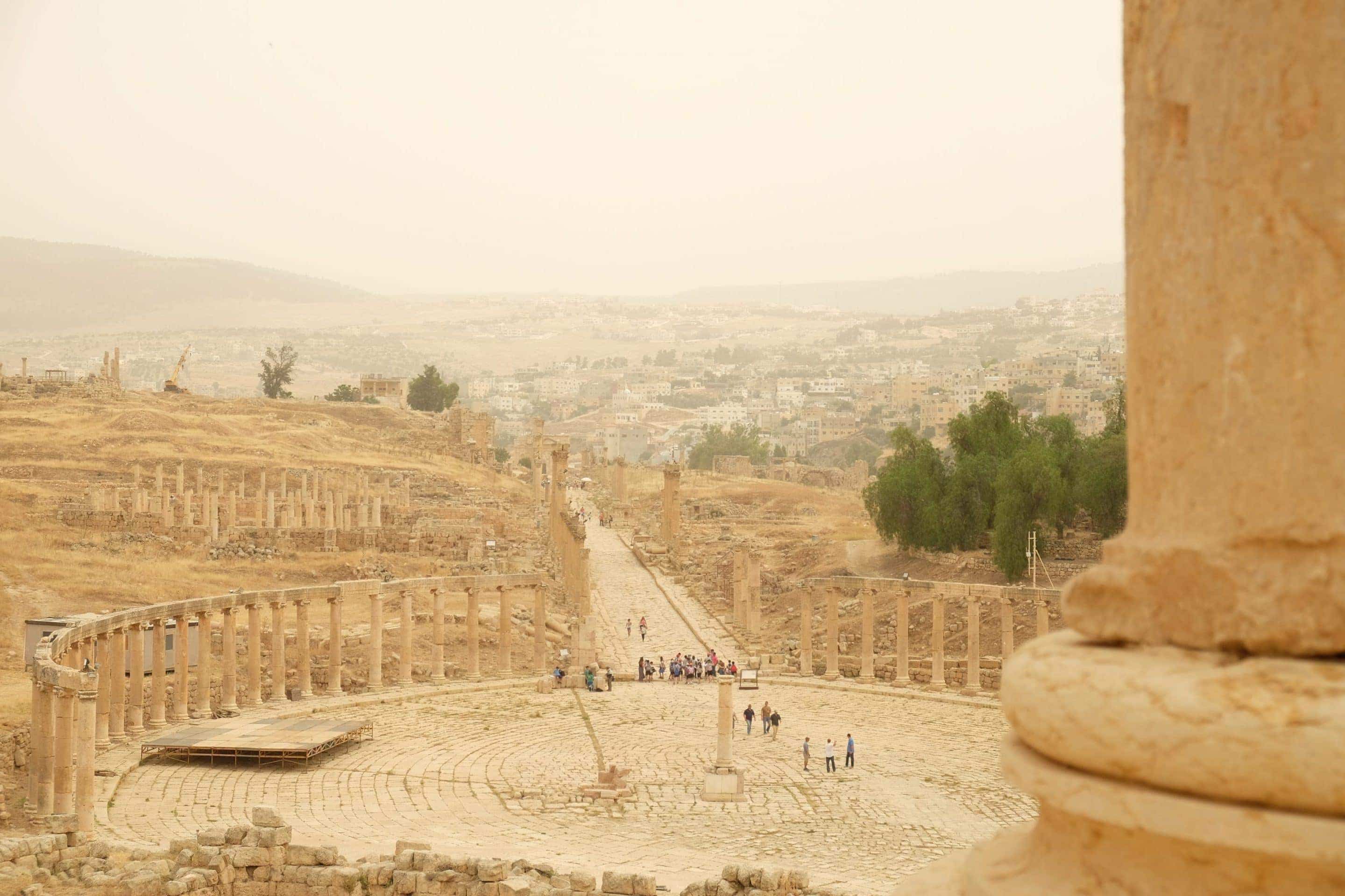 View of the Oval Plaza. Jerash is unique - not to many oval Greco-Roman plaza's out there in the world. Photo: Genevieve Hathaway Photography
