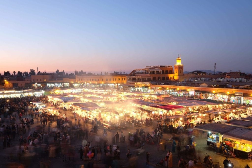 Djemaa el-Fna at sunset. Marrakech, Morocca.