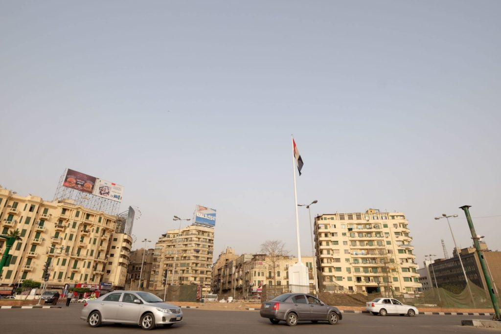 Tahrir Square. The location where the protesters had their permanent camp has now been turned into a monument with a Egyptian flag marking the spot.